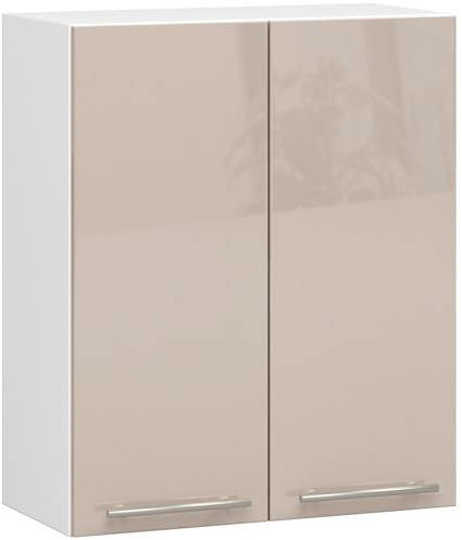 AKORD | Küchenhängeschrank - Oliwia W60 | 2 Regalböden & 2 Tür Küche Schrank | Einbauküche Küchenzeile Küchenmöbel Küchenschränke | Laminierte Platte | 60 x 30 x 72 cm | Weiß & Cappuccino Glanz