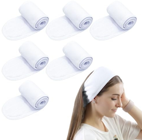 TUONYIS 6 Pièces Bandeau Maquillage,Bandeau Cheveux Femme Maquillage,Réglable Headband avec Magic Tape Élastique pour Le Bain, Maquillage,Skincare,Yoga,Spa,Exercice (Blanc)