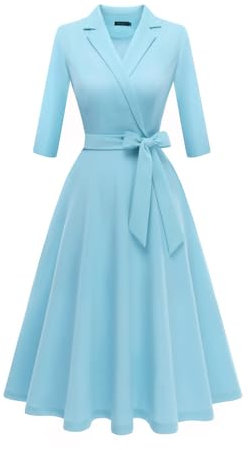 Meetjen Women's Elegant Cocktail Party Dresses Long Sleeve Fit and Flare Modest Church Midi Evening Dress,Blue,XL