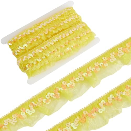 GORGECRAFT 11 m Gelber Chiffon Spitzenrandbesatz Mit Pailletten Geraffte Rüschen Elastisches Organza Stoffband 3cm Plissiertes Netz Dehnbarer Fransenbesatz Für Stoffhandwerk Nähen Bestickte Dekoration