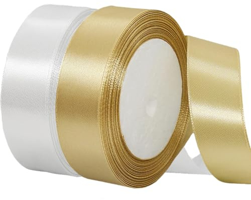2 Rollen Satinband 20mm Breit Weiß, Geschenkband Weiss und Gold Schleifenband Stoff Satinbänder für Blumensträuße, Geschenkverpackung, Weihnachten, Hochzeit und DIY Kunsthandwerk