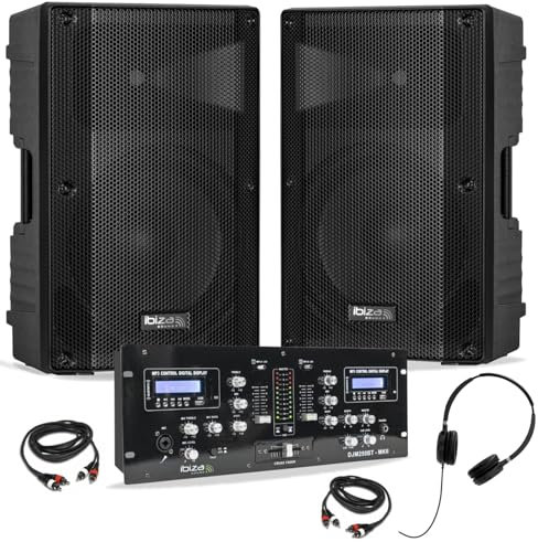 Ibiza XTK15A-MKII - Pack Sono DJ Ibiza 2 altavoces activos, 15 y 600 W, mesa mixta Bluetooth DJM250BT-MKII USB - Auriculares - Cables - Noche