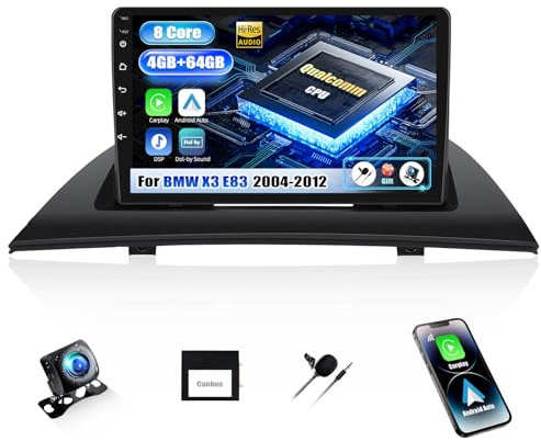 SIXWIN Qualcomm 8 Core 4+64G SIXWIN Android 15 Autoradio mit CarPlay/Android Auto/DSP für BMW X3 E83 (2004-2012),1280 * 720,HD 9 Zoll Touchscreen mit WiFi6 GPS Bluetooth FM/RDS EQ+Rückfahrkamera