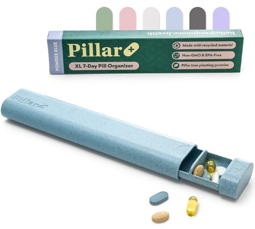 Pillar Plus XL 7-Day Pill Box Organiser - Aesthetic Travel Pill Organiser | Perfect for daily use and travel, 50% more space, Powder Blue, Beautiful compact design, Great as a supplement organiser