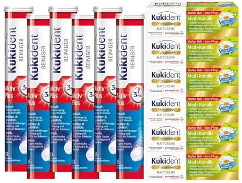 Kukident Aktiv Plus 6x33 Tabs & Haftcreme Med + Kamille 6x40g – Prothesenpflege Großpack mit Kamille für empfindliches Zahnfleisch – Reinigung & Haftung für den täglichen Einsatz