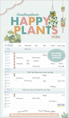 Happy Plants - Familienplaner 2026 für 5 Personen - Korsch-Verlag - Kalender mit 6 Spalten zum Eintragen - 27 cm x 46 cm