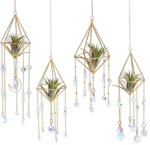 OLYCRAFT 4 Styles Hanging Air Plant Holder Golden Geometric Metal Airplant Rack Rustic Style Air Plant Rack Hanger with Crystal Pendant and Chain for Home Decor Present Idea Wall Decor
