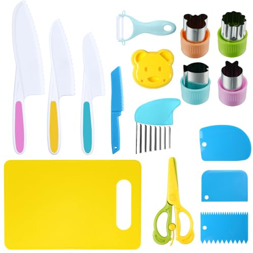 Vicloon Toddler Safe Knives Set, 16pcs Kitchen Safety Knives for Kids in 4 Sizes, Plastic Kitchen Knife Set for Real Cooking with Crinkle Cutter, Y Peeler, for Vegetables Fruits Salad Cake