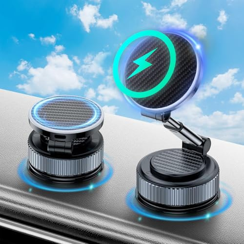Soporte de coche de 15 W con función de carga y ventosa de vacío, soporte para teléfono móvil, inalámbrico, giratorio 360° y plegable, para iPhone Mag Safe Samsung, carga rápida, soporte magnético