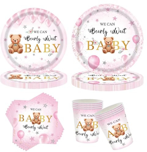 Bear Party Supplies, Bear Themed Birthday Party Tableware Set, Includes Plates Napkins for Baby Shower, First Birthday, Kids Party Decorations 50pcs