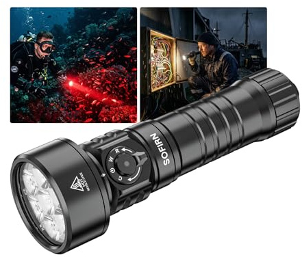 Sofirn SD11 Tauchlampe, 5000LM, CRI 90, Wiederaufladbare Taschenlampe mit 660NM Rotlicht, 3000K-6500K, USB-C, IPX8, mit 1/4-Gewinde und Sicherungsschlaufe, für Unterwasserfotografie, Angeln