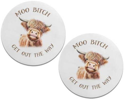 Highland Cow Coasters for Car, 2pcs Non-Slip PU Cup Holder Coasters Set, Highland Cow Car Accessories and Gifts, Funny Car Decor for Men, Women