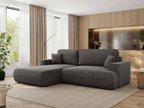 MKS MEBLE Ecksofa Wohnlandschaft L-Form mit Schlaffunktion und Bettwäscheschrank, Schlafsofa mit Bettkasten, modernes Sofa OVO L - Links - Dunkelgrau Velvet