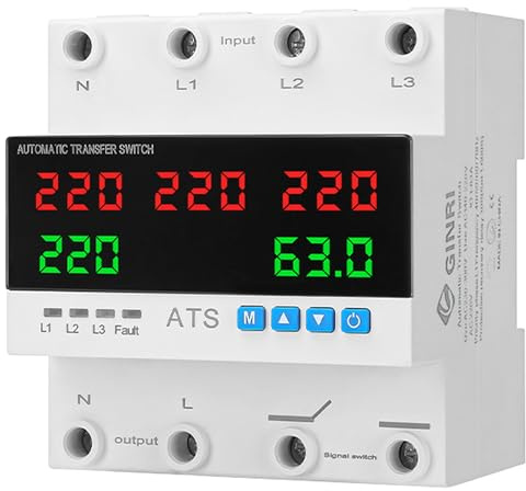 PintoHardware Interruptor de Transferencia Automática Trifásico ATS Solar 63A con Protector de Voltaje y Límite de Sobrecorriente – Conmutador de Fases 3F para Red y Energía Solar