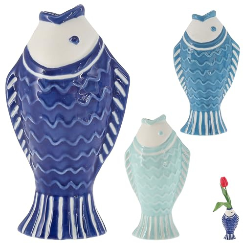 Vase Fisch 3er Set 'Blütenfisch' | 5x15x8cm Steingut hellblau türkis hellblau | Blumenvase Dekovase Fischform | Kleine Keramikvase für Blumen (1 x 3er Set Vase15cm)