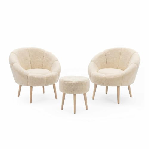 Hanah Home Elegant Wing Chair & Pouffe Set (3 Pieces), Cream, 100% Melamine Coated, 18mm Thickness | Super Soft Sponge, Ash Tree Legs | Perfect for Modern Living Rooms