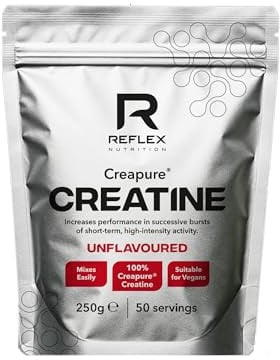 Reflex Nutrition Creapure Creatine Monohydrate Powder, Unflavoured, 250g | Supports strength, muscle gains and recovery. Suitable for vegans with no fillers or additives. 50 servings per tub.