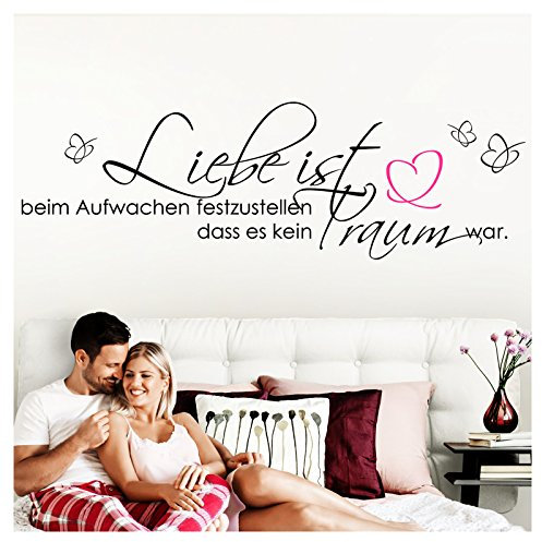 Grandora Wandtattoo Schlafzimmer Spruch Liebe ist beim Aufwachen I schwarz (BxH) 120 x 38 cm I Wandaufkleber Herz Wand Deko Aufkleber Sticker Traum W800