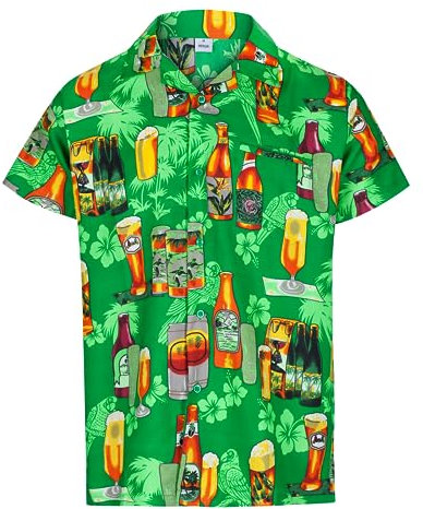 REDSTAR Mens Hawaiian Shirt Short Sleeve STAG Beach Holiday Beer Bottle Design Fancy Dress Hawaii (XL, Green)