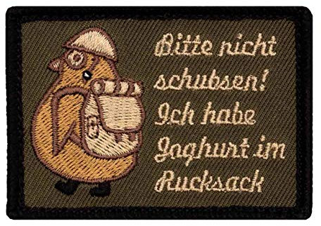 Café Viereck ® Bitte Nicht Schubsen Ich Habe Joghurt im Rucksack Fun Patch mit Klett Pinguin mit Helm und Stiefeln - 7 cm x 5 cm
