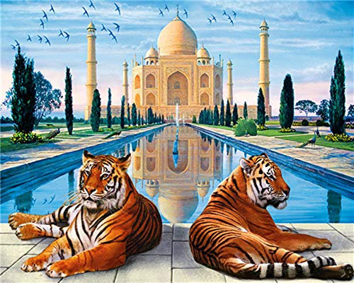 YEESAM ART DIY Ölgemälde Malen nach Zahlen Erwachsene Kinder, Zwei Tigers Taj Mahal Zahlenmalerei ab 5 Öl Wandkunst (Tigers, ohne Rahmen)