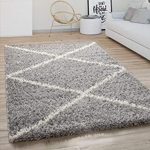 Paco Home Hochflor Teppich Wohnzimmer Shaggy Skandinavisches Rauten Muster, Modern In Grau, Grösse:200x280 cm
