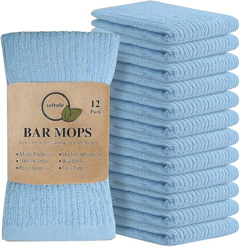 Softolle Kitchen Towels, Pack of 12 Bar Mop Towels -16x19 Inches -100% Cotton White Towels - Super Absorbent Bar Towels, Multi-Purpose for Home, Kitchen and Bar Cleaning (Electric Blue)