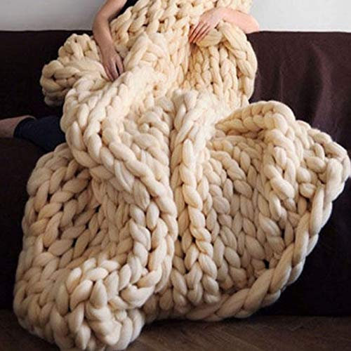 Grob Decke Gestrickte Kuscheldecke beige, Grobstrick Wolldecke Strickdecke 6cm Breit Gestrickt Tagesdecke Überwurf Sofa Decke Zuhause Dekor Geschenk- 180x200cm