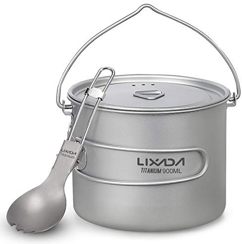 Lixa-da Titanium Tasse Camping Topf mit Deckel und faltbarem Spork, 750ml/900m/1100ml, Leichtgewicht Picknick Kochgeschirr, für Outdoor Camping Wandern Rucksack Picknick, 128g