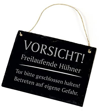 Schild Vorsicht! Freilaufende Hühner - aus Schiefer Warnschild 22x16cm