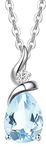 FANCIME Solide 14 Karat 585 Weiß Gold Tropfen Anhänger mit 925 Sterling Silber Kette Halskette mit Synthetisch Aquamarin und echt Diamant Schmuck für Damen mit Geschenk Box - Kettenlänge: 40 + 5 cm