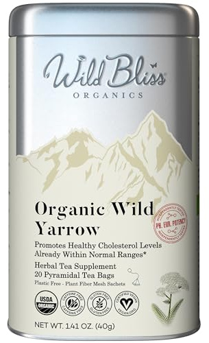 Wild Bliss Organic Yarrow Tea - Caffeine Free Herbal Tisane - Pharmacopoeia Potency - 20 Plant Based Tea Bags