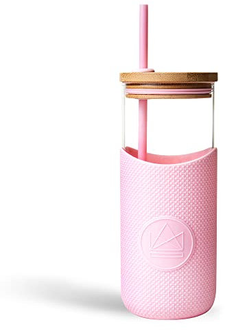 Neon Kactus Glass Water Bottle | Glass Tumbler with Straw and Lid | Reusable Glass Drinking Bottle for Hot & Cold Drinks | Non-Permeable, Leakproof, Dishwasher-Safe | Pink Flamingo, 1000 ml