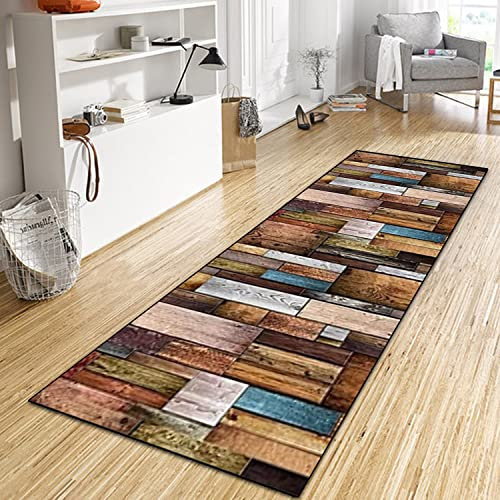 WTHYGB Teppich Läufer Flur Küche 70x320 cm, Modern rutschfest Waschbar Küchenläufer Flurläufer, Lang Polyester Holzmaserung Braun Teppichläufer für Korridor, Schlafzimmer, Innen Wohnzimmer