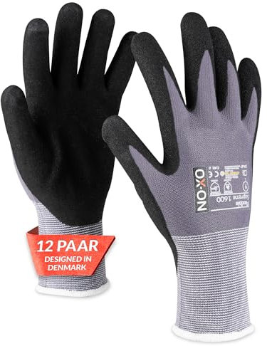 OX-ON FLEXIBLE SUPREME 1600 Arbeitshandschuhe Gr.9 I 12 Paar atmungsaktive Schutzhandschuhe mit Nitrilbeschichtung I Graue Mechanikerhandschuhe mit hohem Tastgefühl & Grip I EN Zertifizierung