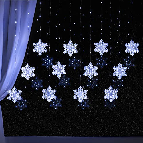 BLOOMWIN Guirnaldas Luces Cortina 3m Copo de nieve con Control Remoto 8 Modos 204 LED 5V USB con Ganchos Cadena de Luces de Navidad para Balcón, Ventana, Pared, Escaparate, Boda, Fiesta, Navidad