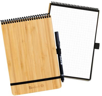 BAMBOOK Notepad - Bambus-Holz Hardcover - A5 - Gepunktet, Wiederverwendbares Notizbuch, Notizblock, Reusable Notebook