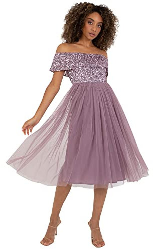 Maya Deluxe Women's Ladies Bardot Dresses Midi High Empire Waist Sequins Embellished Formal Evening for Wedding Guest Bridesmaid, Moody Lilac, 14