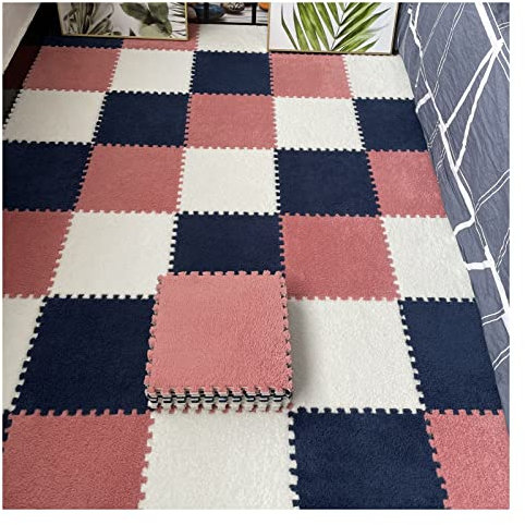 12 Pcs Interlocking Carpet Tiles, Plush Foam Square Floor Mats Set, Puzzle Floor Mat For Living Room, Bedroom And Hard Floor, 12 Tiles/12 Sq.Ft(Color:Navy Blue+Light Red+White)