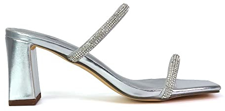 ESSEX GLAM Womens Sparkly Diamante Double Strap Sandals Ladies Block Heel Slip On Mule Shoes Size 3-8