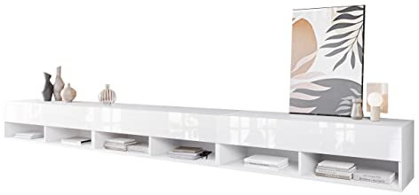 Mirjan24 TV Lowboard Jumbo 300, TV Schrank Fernsehschrank, Griffloses Öffnen, Fernsehtisch, Man kann aufstellen BZW aufhängen (Weiß/Weiß Hochglanz, mit LED Beleuchtung)