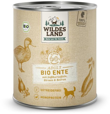 WILDES LAND – Ente | Nassfutter mit extra hohem Fleischanteil und natürlichen Zutaten für ausgewachsene Hunde. Getreidefreies Alleinfutter ohne Zusatzstoffe in der Dose | 6x800g Ente