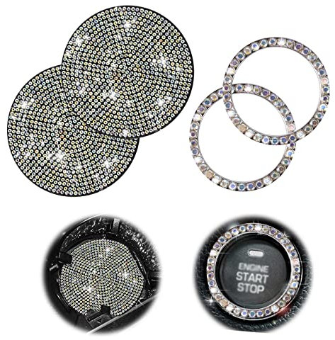 GWAWG 2PCS Bling Car Coasters with 2 Button Ring, Universal Anti Slip Rhinestone Insert Cup Holder, Crystal Engine Ignition Valve Cap for Car Decor
