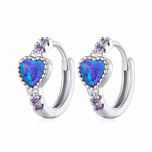 Qings Blau-violett Herz Creolen Ohrringe Damen 925 Sterling Silber Hypoallergen Kleine Creolen Huggie Ohrringe Opal Knorpel Ohrringe Geburtstags Geschenk für Frauen Mädchen Tochter