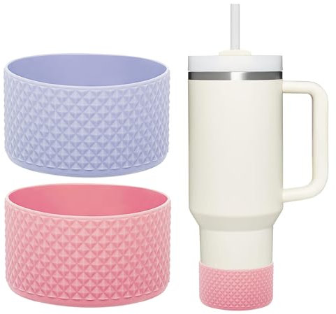 WK IEASON 2 Pcs Tumbler Bottom Protector Flask Silicone Boot for Stanley Quencher Adventure 40oz & Stanley IceFlow 20oz 30oz and Compatible with Hydro Flask Wide Mouth 12oz 21oz 24oz(Diamond Pink/Fog)