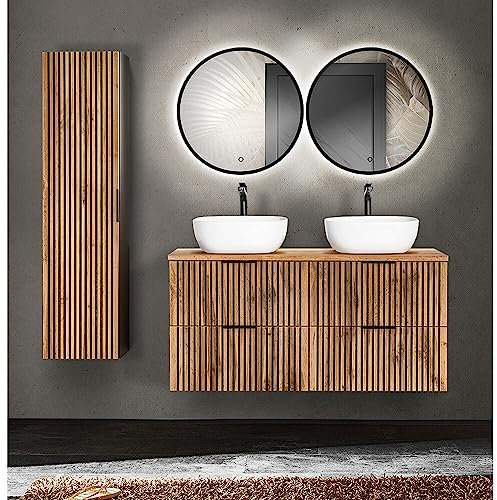 Lomadox Badmöbel Set Front Rillen schwarz Hochschrank Doppelwaschtisch 120 cm Keramik Aufsatzwaschbecken Spiegel Touch Bedienung anthrazit Wotan Eiche Nb.