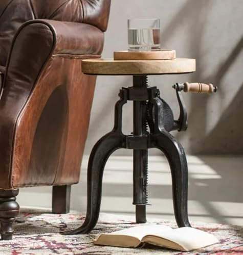 Industrial Side Table Rustic Solid Wood Unit Vintage Retro Style Coffee Round Metal Sofa End Small Adjustable Furniture Steampunk Plant Lamp Stand