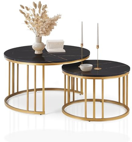 CLIPOP Round Nesting Coffee Table Set of 2 for Living Room with Marble Effect, Stacking End Side Table with Golden Metal Frame, Sofa Tea Table for Small Space, Black 80 x 80 x 46cm