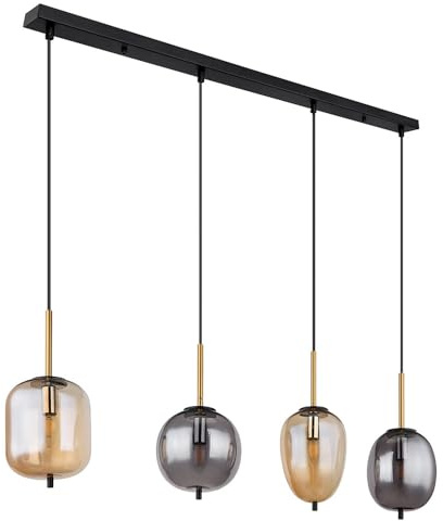 Hängeleuchte Hängelampe Pendelleuchte Pendellampe Esstischleuchte, 4 Flammig Metall schwarz amber rauchfarben, E14 Fassungen, LxBxH 110x18,5x120cm