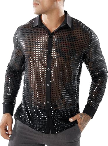 AIEOE Herren Glitzer Hemd Langarm Retro Party Hemd Kostüm Fasching Oberteile Pailletten Shirt Schwarz Herstellgröße 3XL